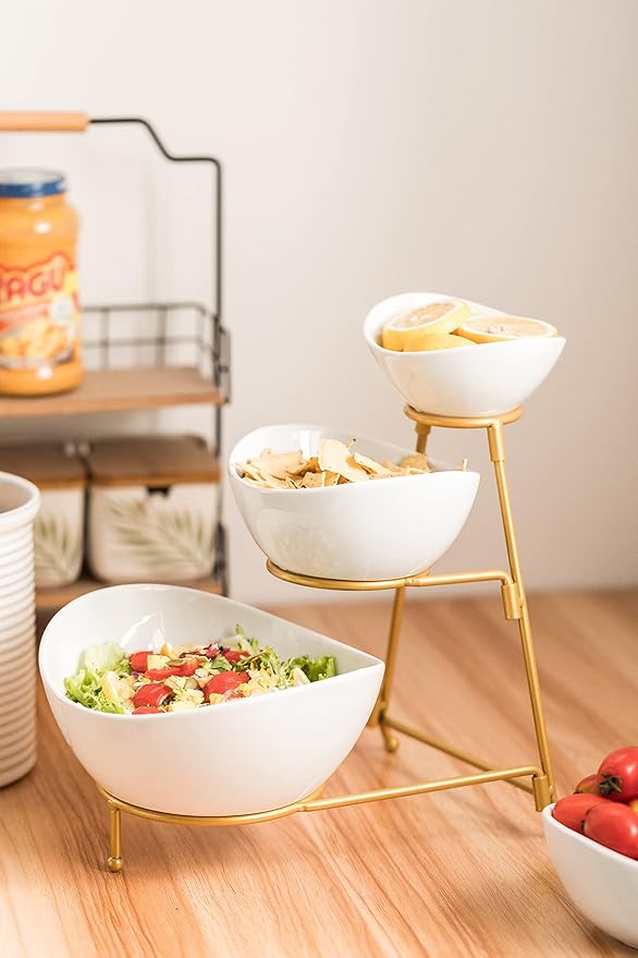 LAUCHUH 3 Tier Serving Stand Serving Dishes for Entertaining Porcelain Oval Bowl Set Tiered Serving Tray for Fruit, Vegetable, Nuts, Salad, Chip Dip Bowl Set for Thanksgiving, Christmas, Gold
