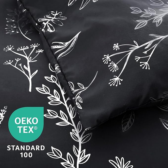 MUXHOMO Black California King Comforter Set, Elegant Floral Print Bed in a Bag 7 Pieces, Ultra Soft & Breathable Reversible Botanical Pattern Bedding Set with Comforter, Sheets, Pillowcases, and Shams