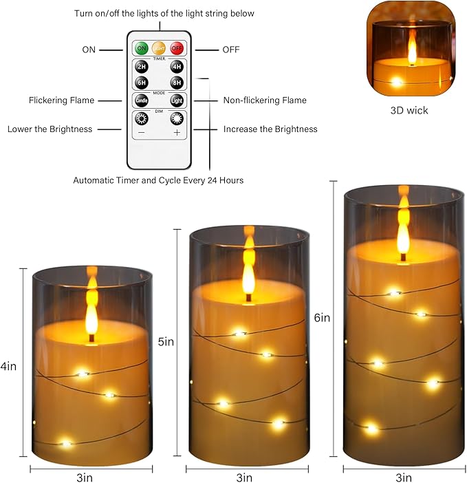 Flameless LED Candles with Timer 3 Pc Flickering Flameless Candles for Romantic Ambiance and Home Decoration Stable Acrylic Shell,with Embedded Star String，Battery Operated Candles（Grey）