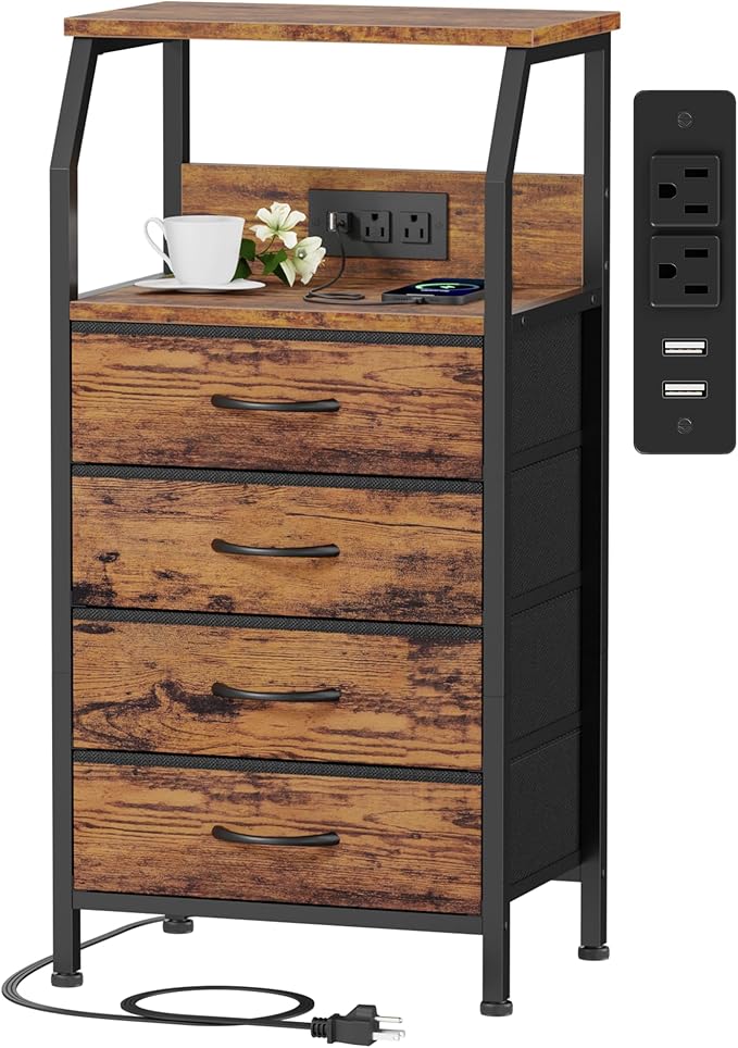 Furnulem Night Stand with Charging Station, Small Dresser with 4 Fabric Drawers, 33.3 Inch Tall Bedside Table, Storage Tower for Closet, Entryway, Bedroom Furniture, 3 Ways to Use, Rustic Brown