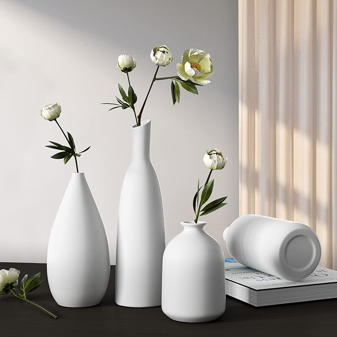 Ceramic Vases Set of 4 22 + 19 + 17 + 11 cm Height, Flower Vases Modern Home Decor, Large Modern Vases for Flowers Table Bookshelf Mantel Living Room Bedroom Office Wedding Party Gift