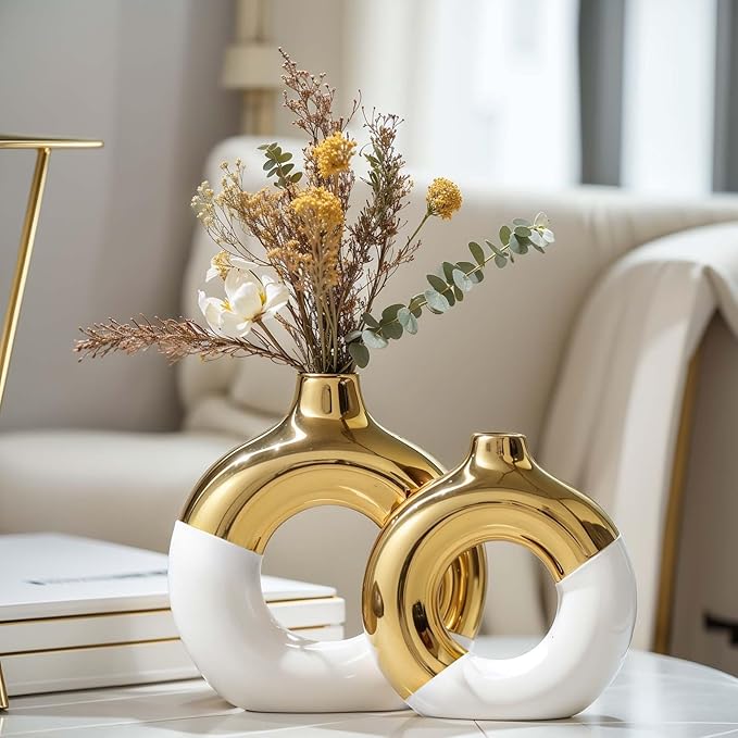 White and Gold Ceramic Vase Set of 2,Round Donut Hollow Flower Vases for Home Decor Accents,Modern Minimalist Centerpiece Table Decorations,Wedding,Living Room,Bookshelf,Office,Entryway