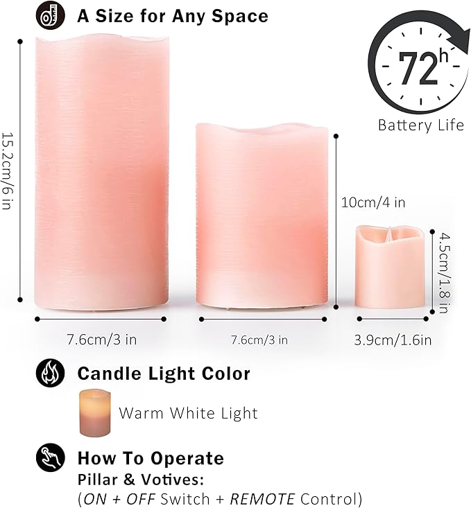 FURORA LIGHTING Pink Real Wax Flameless Candles with Remote and Timer, 4 Pillars and 4 Votives Pack of 8, LED Flickering Candles for Home Décor, Battery Included