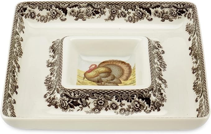 Spode Woodland 12" Square Chip and Dip - Turkey Centerpiece Serving Dish, Fine Porcelain Holiday Serveware, Thanksgiving Platter for Chips, Crudités, Shrimp - Dishwasher, Microwave Safe
