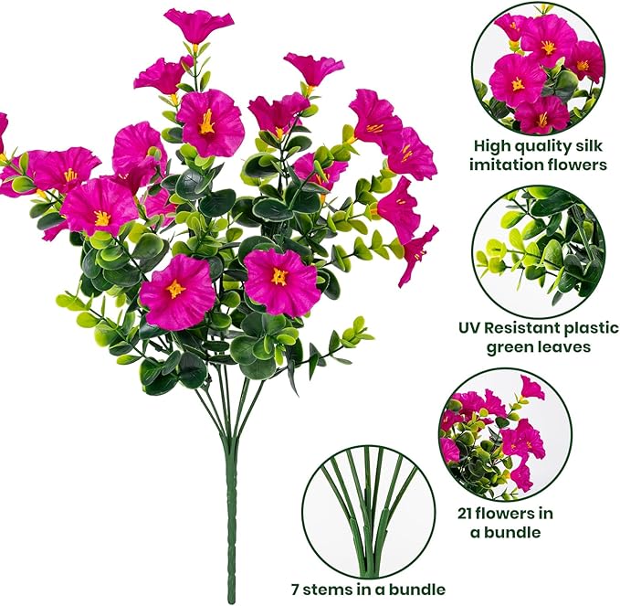 Artificial Faux Flowers for Outdoor 16 Bundles Boxwood Fake Morning Glory for Planter,UV Resistant Fake Flowers for Home Porch Patio Outside（Magenta）