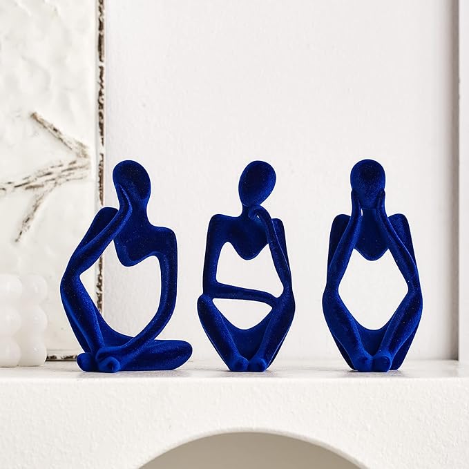 FJS Living Room Decor: Flocked Thinker Statue, 4.7" H Navy Blue Abstract Art Sculpture - Set of 3 for Home, Office, Shelf, Table Decoration