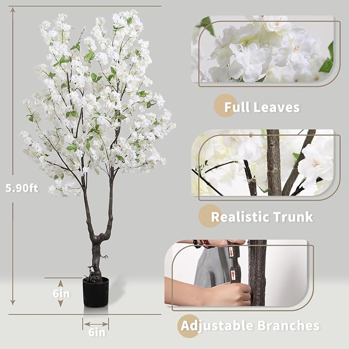 Artificial White Cherry Blossom Tree 6ft(72in) Faux Floor Green Plant for Indoor Decor Natural Potted Tree Realistic Cherry Flowers Wood Trunk for Home Living Room,Office Perfect Weeding Gift