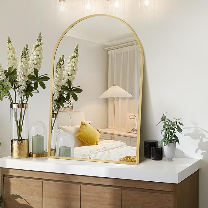 Arched Wall Mirror for Bathroom, 24"x36" Gold Mordern Metal Frame for Entryway Living Room Bedroom Wall Decor