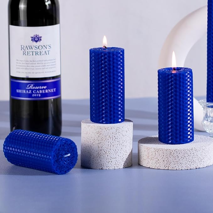KONNI Beeswax Blue Pillar Candles Set of 3, 2"x 4" Unscented Pillar Candles Bulk, 20 Hours Long Burning Candles, Smokeless&Dripless Large Round Candle for Wedding, Decoration, Parties, Spas, Dinner