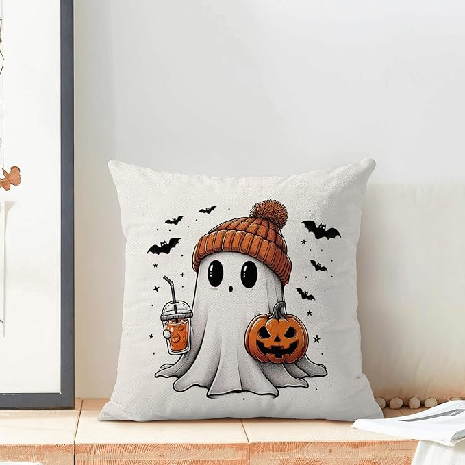 Halloween Pillow Covers 16 x 16 Inch, Burnt Orange Pumpkin Decor Throw Pillows for Home Couch Bed, Black Cream Cute Ghost Bat Fall Outdoor Decorative Pillowcase Linen Cushion Cover Set of 2