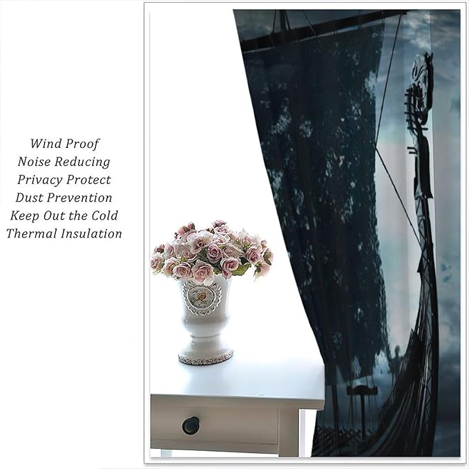 Viking Ship Curtains, Night Scene with Black Vikings Dragon Ship Sailing, Vintage Ancient Scandinavian Nautical Print Blackout Window Drapes for Boys Bedroom Living Room 72x63in