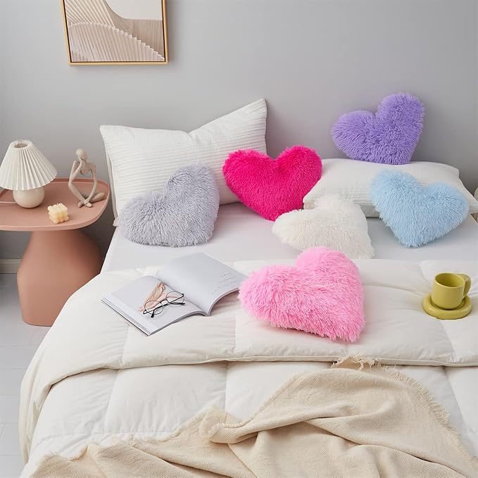 MOOWOO Plush Fluffy Heart Pillow, Fuzzy Throw Pillows for Mom Gifts,Solid Color, Zipper Close Decorative Throw Pillow for Valentines Day (White)
