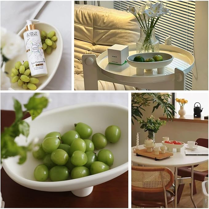 WENSHUO Three-Legs Ceramic Fruit Bowl for Kitchen Counter, Decorative Bowl for Table Décor, 10-inch Oval Large Bowls for Breads (Matte Crème)