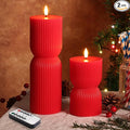 Red Ribbed Flameless Pillar Candles with Remote, Christmas LED Wax Candles Flickering Battery Powered Set of 2