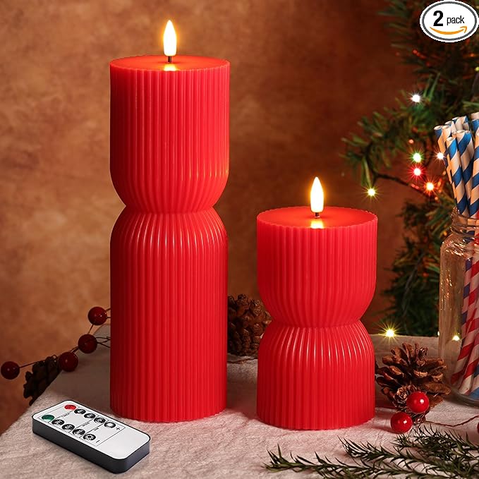 Red Ribbed Flameless Pillar Candles with Remote, Christmas LED Wax Candles Flickering Battery Powered Set of 2