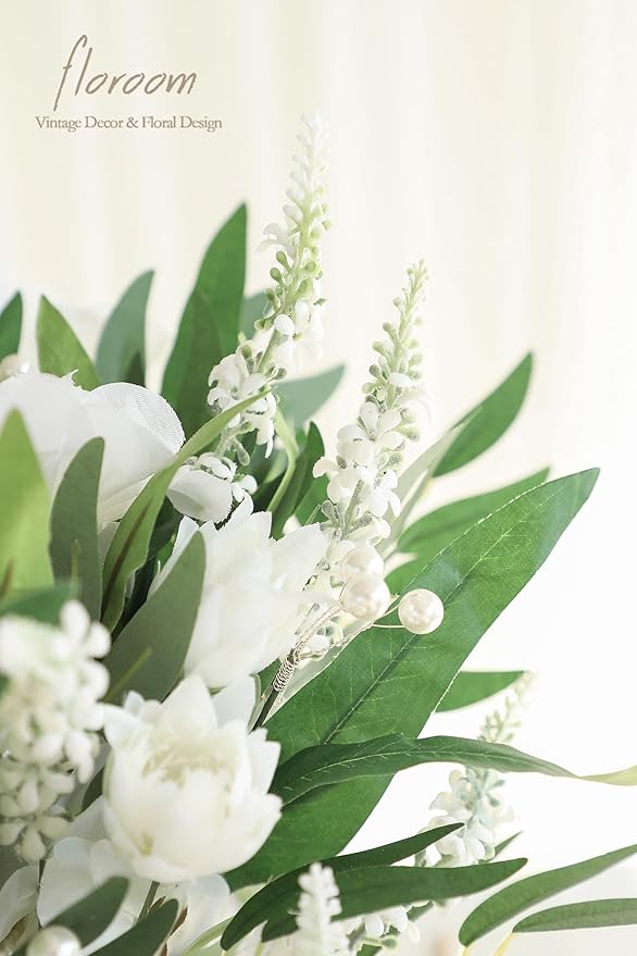Floroom Artificial Greenery Stems Box Set, 76pcs with 6 Kinds of Faux Greenery Flowers Picks for DIY Bridal Bouquets Wedding Floral Arrangement Table Centerpieces, Green & White