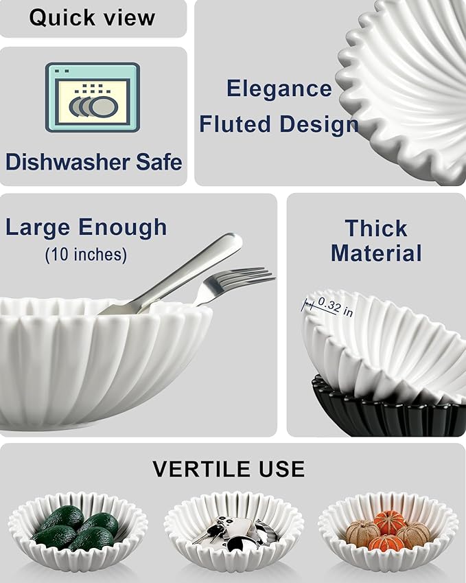 KULEDM Large Decorative Bowl Home Decor - 10in Ceramic White Scalloped Ruffle Fruit Bowl for Kitchen Counter, Dishwasher & Microwave Safe