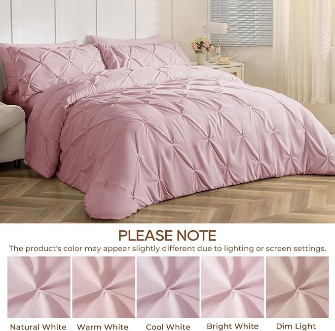Sasttie Full Size Comforter Set, 7-Piece Bed in a Bag, Pintuck Bedding Set for All Season, Includes Comforter, Flat Sheet, Fitted Sheet, Pillowcases and Pillowshams, Baby Pink