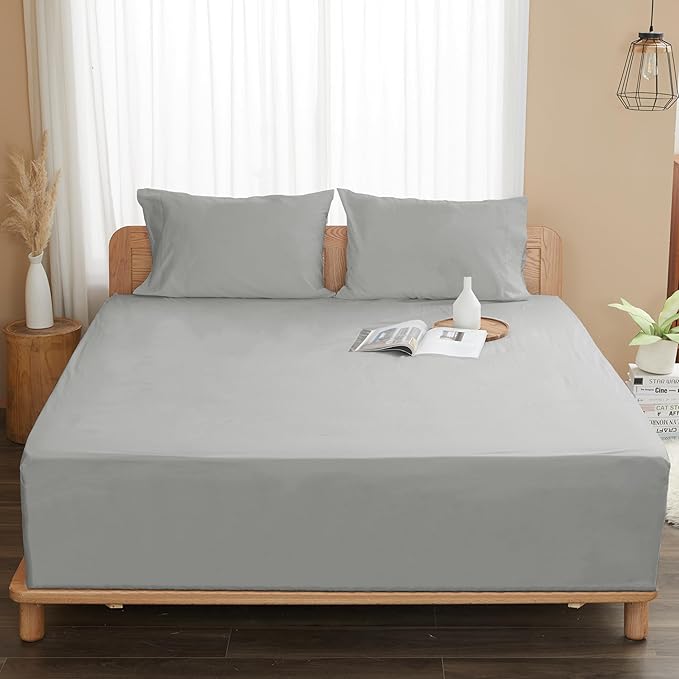 Sunflower Queen Fitted Sheet, 1-Piece Deep Pocket Fitted Bottom Sheet 16", 100% Cotton Sateen Soft Breathable, Silver Gray