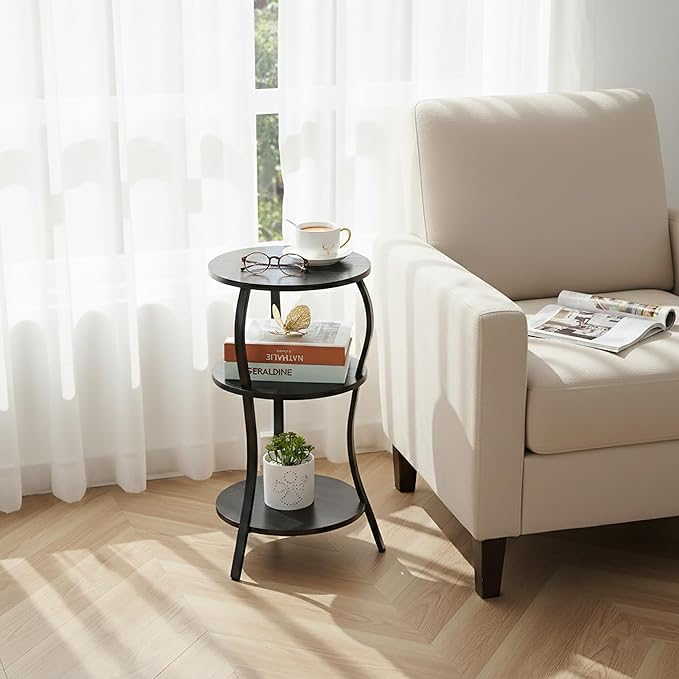 Vintage Small Round Side Table, 3-Tier Slim Waist Circular End Table with Storage Shelf, Compact Tea Sofa Side Table, Round Corner Coffee Table Nightstand for Living Room Bedroom Small Spaces,Black