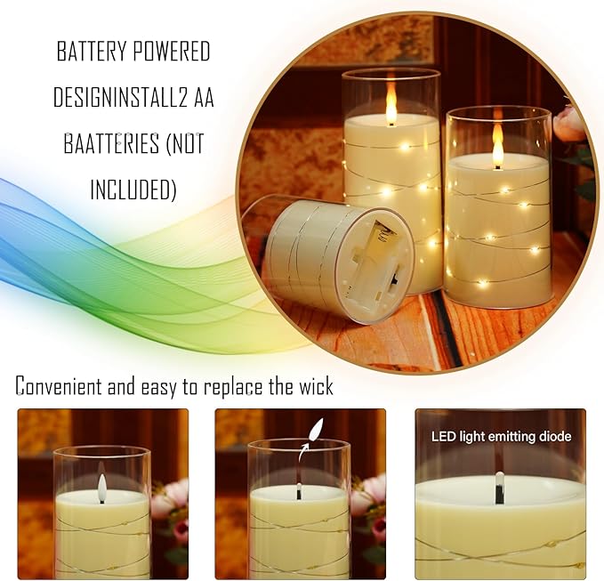 Flameless LED Candles with Timer 3 Pc Flickering Flameless Candles for Romantic Ambiance and Home Decoration Stable Acrylic Shell,with Embedded Star String，Battery Operated Candles（Ivory）