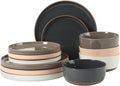 Gibson Elite Northrock Stoneware Dinnerware Set, 16-Piece Service for 4 Plates and Bowls Set – Assorted Colors Blue, White, Pink, Gray Dishes with Hand-Painted Terracotta Base