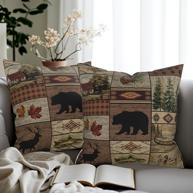 Bear Deer Pillow Cover - Rustic Cabin Throw Pillows Covers 16x16 Set of 2 Animal Wildlife Farmhouse Pillow Cases for Sofa Bedroom