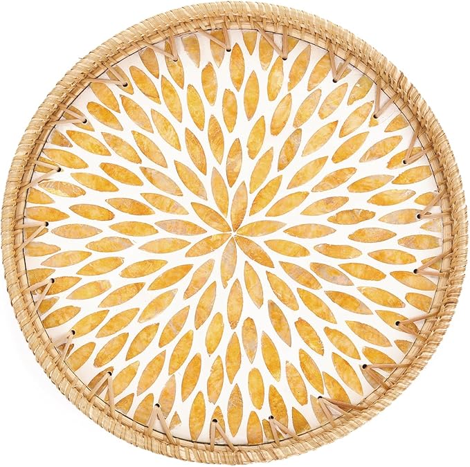 Round Rattan Tray with Mother of Pearl Inlay, Rattan Serving Tray for Coffee, Bread, Fruits, Decorative Wicker Tray for Table Decor, Home Decor, Kitchen Island Decor (Amber Leaf, 11.8")