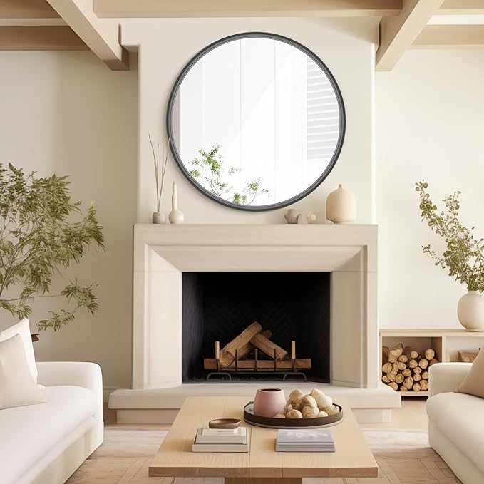 HOMECOOKIN Round Wood Mirror, 31" Round Bathroom Wall Mirror Circle Mirrors for Wall Decor, Vanity, Living Room, Bedroom, Entryway, Black