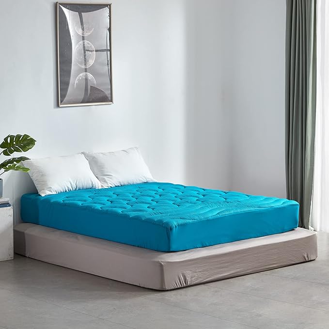 SLEEP ZONE Cooling Queen Mattress Pad, Premium Zoned Quilted Fitted Mattress Topper, Elastic Mattress Protector Cover, Machine Wash Durable, Deep Pocket 8-21 inch, Teal, Queen