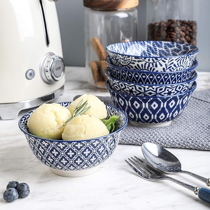 Selamica 7 inches Porcelain Cereal Bowl Set - Set of 6, Soup Bowls, Ceramic bowls for Cereal, Soup, Salad and Pasta, Vintage Blue