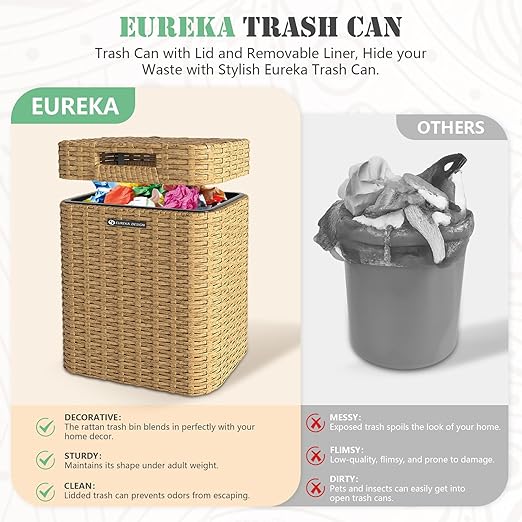 Ypati Rattan Trash Can with Lid, Wicker Bathroom Garbage Bin with Removeable Liner, 4 Gallon Small Waste Basket for Home, Outdoor Patio, Dorm, Office, Boho Decor, with Trash Bags, Tan Yellow, Eureka