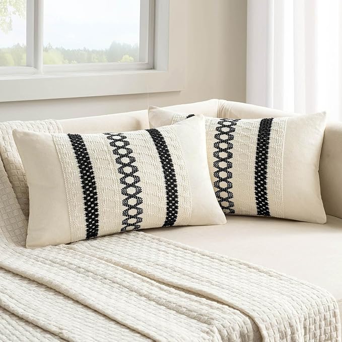 MIULEE Set of 2 Black Boho Decorative Lumbar Pillow Covers 12x20 Inch Farmhouse Rustic Couch Throw Pillows Modern Cotton Cushion Covers Retro Cute Macrame Woven Home Decor for Bed Sofa Chair