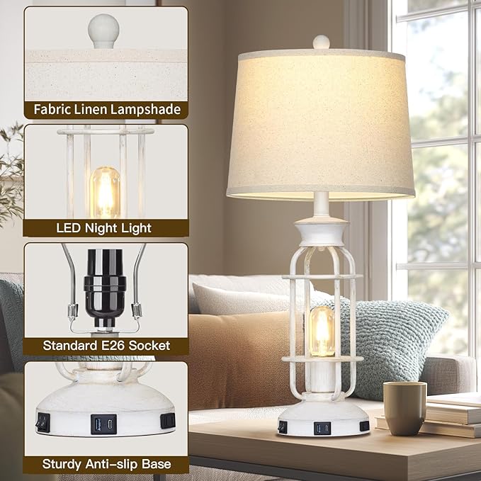 28" Vintage Table Lamps with USB C+A Ports & Outlet, Industrial Farmhouse Table Lamp for Living Room, Rustic Mid Century Modern Bedside Lamps with Nightlight & Beige Fabric Lampshade, Oil-Rubbed White