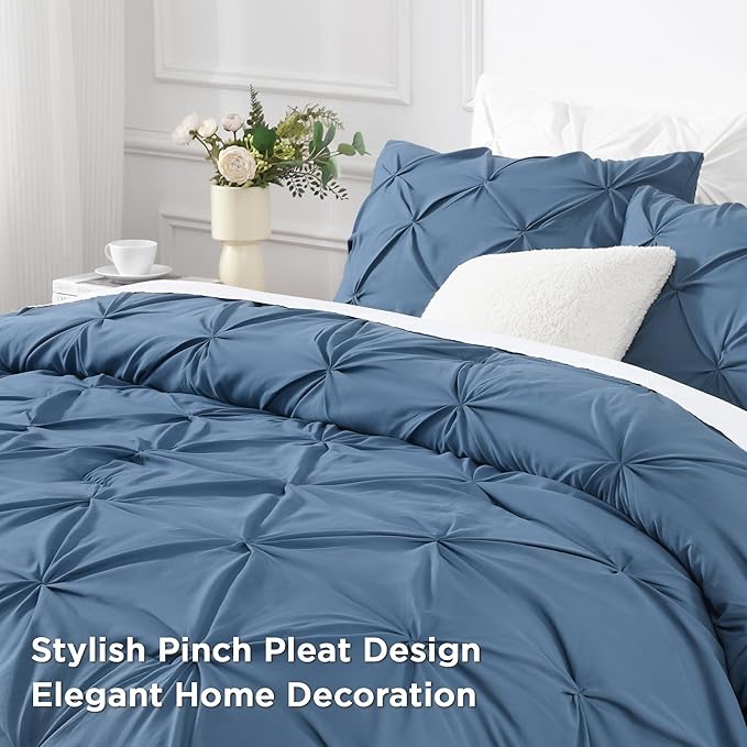 Andency Ocean Blue Queen Comforter Set, 3 Piece All Season Decorative Pintuck Bedding Comforter & Sets, Ocean Blue Soft Microfiber Lightweight Washable Bed Set for Queen Size Bed