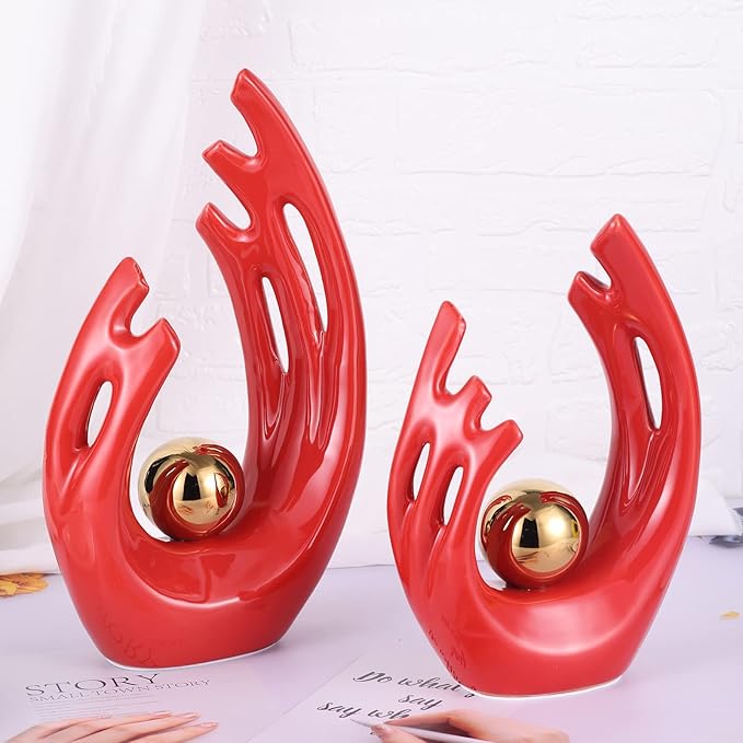 12" H Red Gold Aesthetic Room Decor Accent, TV Stand Funky Table Centerpiece, Abstract Art Ceramic Statue and Sculpture, Red Decor for Living Room, Bookshelf Decorative Objects, Shelf Decor
