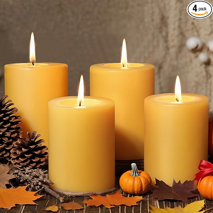 4 Packs Natural Beeswax Pillar Candles, 212 Hours Long Burning Organic Emergency Candle 2.8x4in Unscented Pillar Candles 100% Pure Bees Wax Candles for Home Paryer