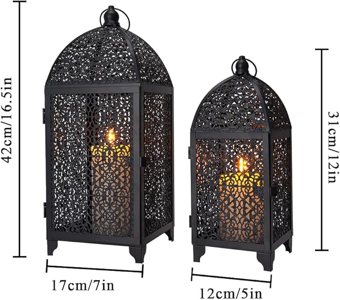 TRIROCKS Set of 2 Vintage Decorative Candle Lantern 12''&16.5'' High Metal Candle Holder Hanging Lantern with Hollow Pattern for Living Room Garden Parties Events Indoors Outdoors(Black)