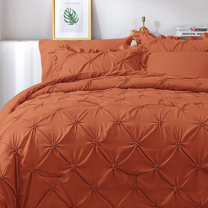 JOLLYVOGUE Burnt Orange Twin Size Comforter Sets 5 Pieces, Pintuck Bed in a Bag Comforter Set for Bedroom, Bedding Comforter Sets with Comforter, Sheets,Ruffled Shams & Pillowcases