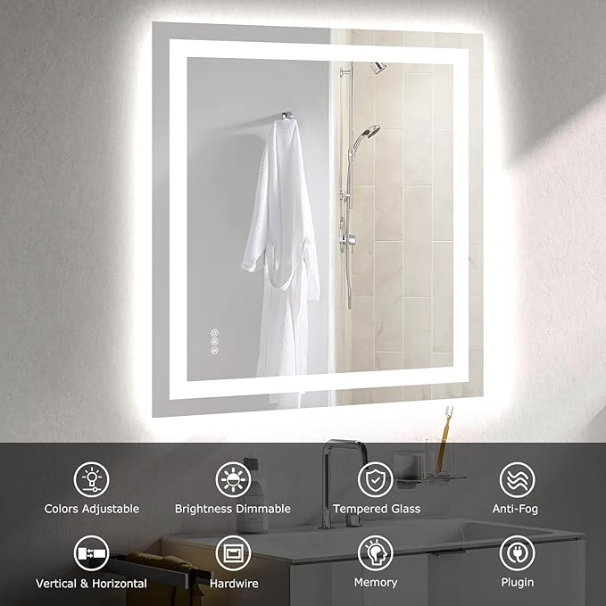 32X36 LED Bathroom Mirror with Lights, Anti-Fog, Dimmable, Backlit + Front Lit, Smart Bathroom Vanity Mirror, Memory Function, Shatterproof, Tempered Glass (Horizontal/Vertical)