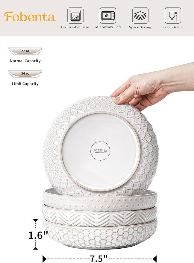 Embossed Ceramic Pasta Bowls Set of 4 – Medium 7.5-Inch, 26oz Serving Bowls for Pasta, Salad, Fruit – Stackable, Microwave & Dishwasher Safe – Great Gift for Housewarming or Everyday Use