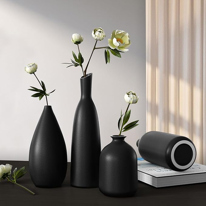 Ceramic Vases, Set of 4, Black, Flower Vases, Modern Decoration, Aesthetic, Vases for Pampas Grass, Flowers, Table Decoration, Tulip Vase, Bookshelf, Mantle, Living Room, Bedroom, Office, Wedding Gift