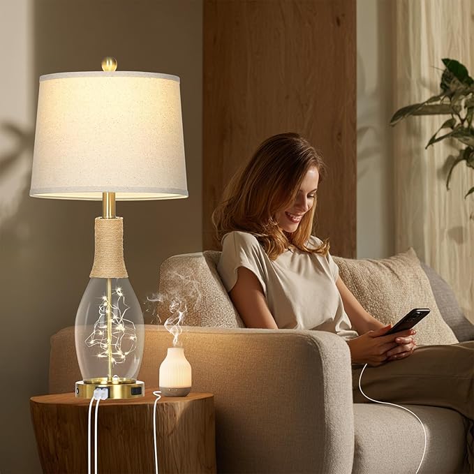 28" Boho Table Lamps Set of 2, Coastal Glass Lamps with USB A+C Ports and Outlet, Nautical Beach Bedside Lamp for Living Room Bedroom Night Stands(2 LED Bulbs Included), Gold