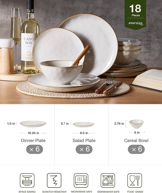 Famiware Ocean Round Plates and Bowls Set, 18 Pieces Dinnerware Sets, Dishes Set for 6, Reactive Glaze, Microwave and Dishwasher Safe, Scratch Resistant, Cappuccino White