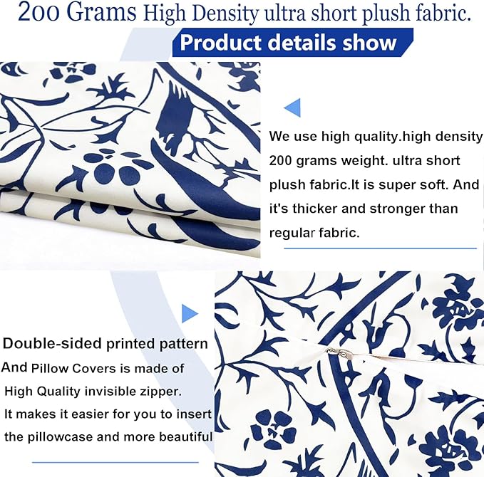 Decorative Throw Pillow Covers Set of 2 Blue Pillow Covers 16x16 inch Short Plush Couch Pillow Cases Floral Throw Pillows,Farmhouse Outdoor Pillow Covers for Sofa Living Room Cushion Covers