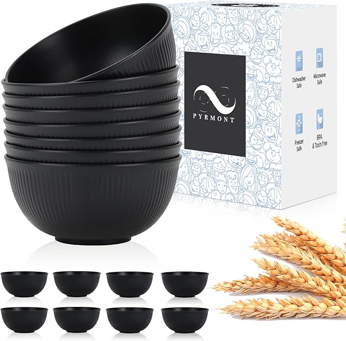 PYRMONT Cereal Bowl Sets of 8 Unbreakable Lightweight 26 OZ Bowls Set Microwave and Dishwasher Safe Wheat Straw Bowls for Soup, Oatmeal, Pasta, and Salad(Black)