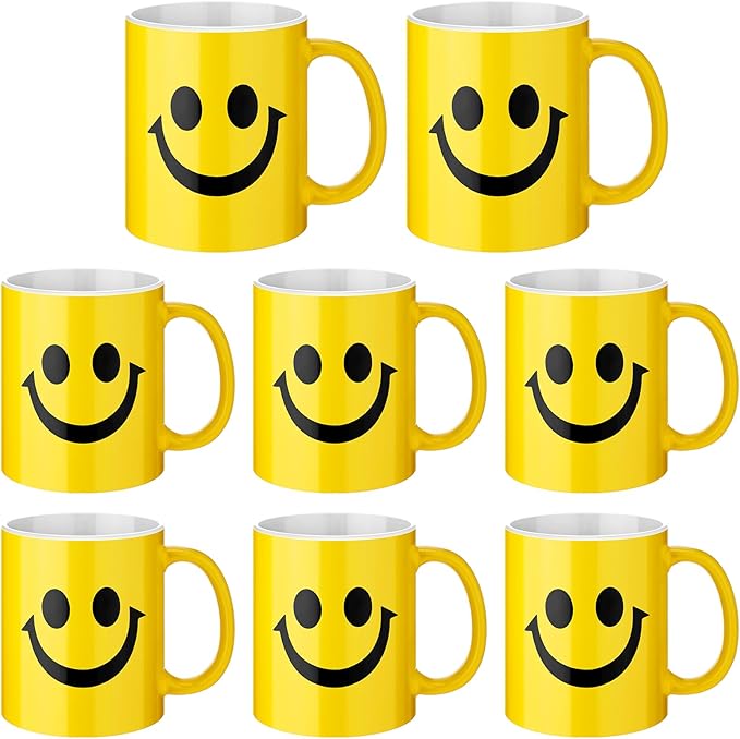 Hushee 8 Pcs Smile Face Coffee Mugs Bulk 11 oz Ceramic Happy Face Cup Yellow Coffee Mug Birthday Party Gifts Funny Supplies