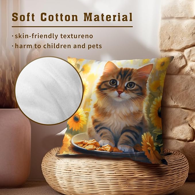 Cute Cat Sunflower Pillow Covers - Sunflowers Throw Pillow Cases 16x16 Inch Set of 2 Kitten Pet Cushion Cover for Couch Bedroom Indoor Outdoor
