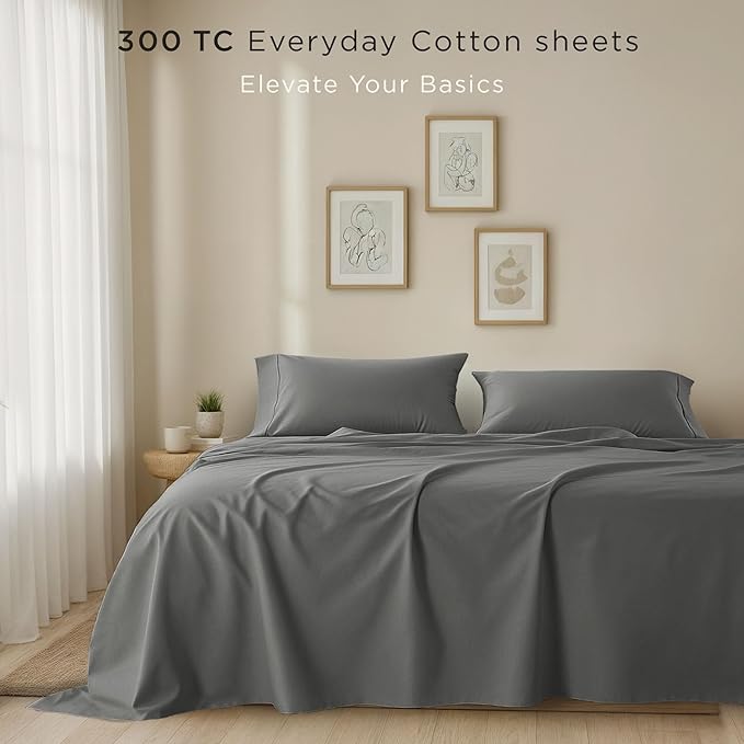 Threadmill Cotton Twin XL Sheet Set | 100% Cotton Sheets for Twin XL Size Bed | Solid Sateen Twin XL Bed Sheets Set with 16” Deep Pocket | Soft Breathable 3-Piece Cooling Sheet Set | Dark Grey