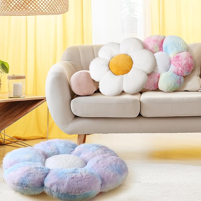 Sratte 3 Pcs Flower Pillows Flower Shaped Throw Pillow Cute Daisy Pillow Seating Cushions for Adults Home Bedroom Sofa Chair Couch Decor(Dazzling Color,White,16")
